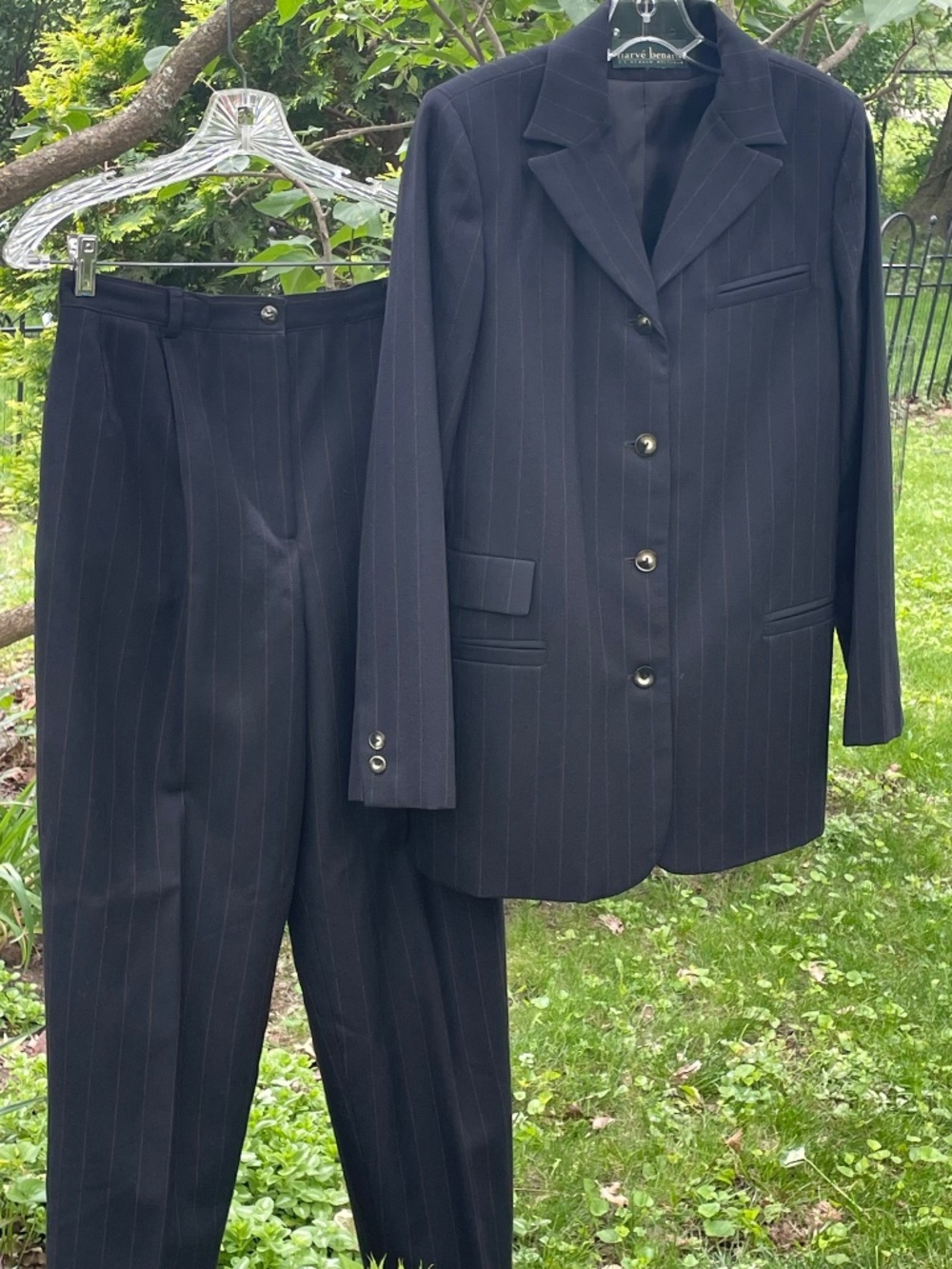 Vintage Harvé Bernard Wool four button pant suit set, black with pinstripes [8]